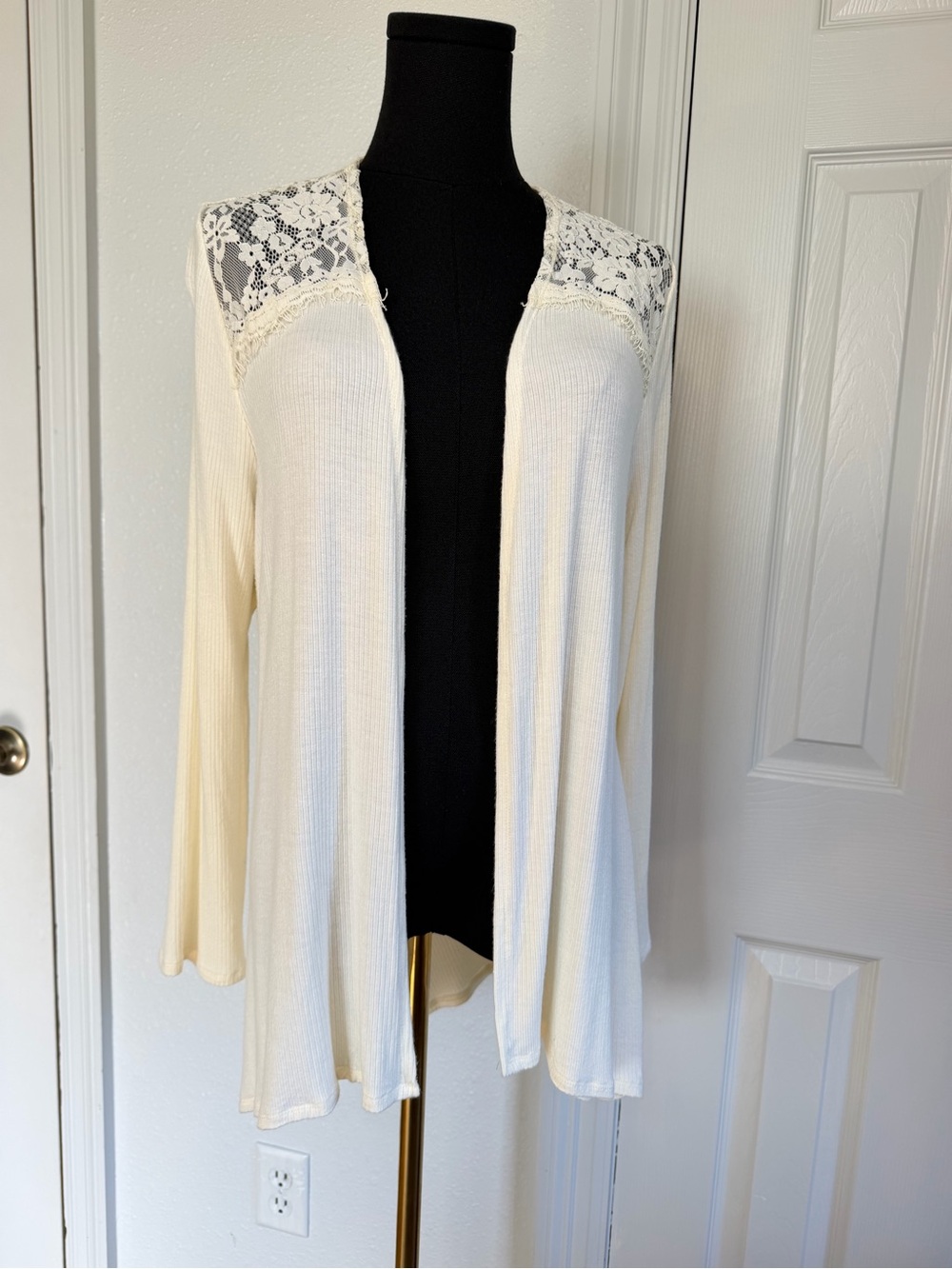 Liberty Love Womens 1XL Ivory Lace Open Front Long Cardigan Boho
